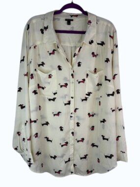 Torrid Dachshund Print Blouse Size 3X Button Front Sheer Dog Shirt Cut